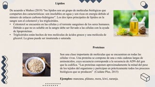 Lípidos
De acuerdo a Muñoz (2019) “los lípidos son un grupo de moléculas biológicas que
comparten dos características: son insolubles en agua y son ricas en energía debido al
número de enlaces carbono-hidrógeno”. Los dos tipos principales de lípidos en la
sangre son el colesterol y los triglicéridos.
• Colesterol se encuentra en las células y el torrente sanguíneo de los seres humanos.
Debido a que no es soluble en la sangre debe ser llevado a las células con la ayuda
de lipoproteínas.
• Triglicéridos están hechos de tres moléculas de ácidos grasos y una molécula de
glicerol. La grasa puede ser insaturada o saturada.
Proteínas
Son una clase importante de moléculas que se encuentran en todas las
células vivas. Una proteína se compone de una o más cadenas largas de
aminoácidos, cuya secuencia corresponde a la secuencia de ADN del gen
que la codifica. “Las proteínas suponen aproximadamente la mitad del peso
de los tejidos del organismo y participan en prácticamente todos los procesos
biológicos que se producen” (Cuídate Plus, 2015)
Ejemplos: manzana, plátano, mora, kiwi, naranja.
 
