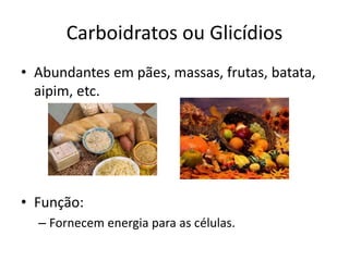 Carboidratos ou Glicídios
• Abundantes em pães, massas, frutas, batata,
aipim, etc.
• Função:
– Fornecem energia para as células.
 