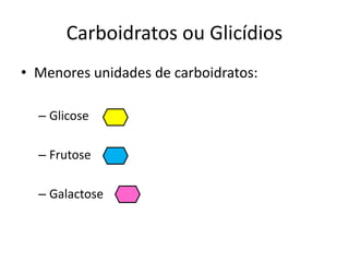 Carboidratos ou Glicídios
• Menores unidades de carboidratos:
– Glicose
– Frutose
– Galactose
 