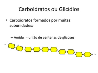 Carboidratos ou Glicídios
• Carboidratos formados por muitas
subunidades:
– Amido = união de centenas de glicoses
...
...
 