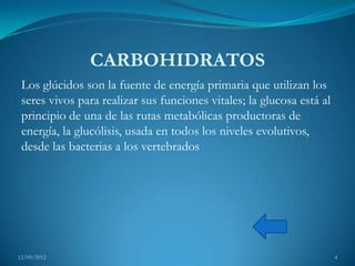 CARBOHIDRATOS
 Los glúcidos son la fuente de energía primaria que utilizan los
 seres vivos para realizar sus funciones vitales; la glucosa está al
 principio de una de las rutas metabólicas productoras de
 energía, la glucólisis, usada en todos los niveles evolutivos,
 desde las bacterias a los vertebrados




12/09/2012                                                             4
 