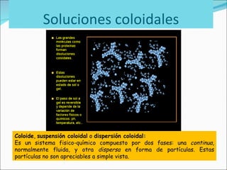 Soluciones coloidales Coloide ,  suspensión coloidal  o  dispersión coloidal: Es un sistema fisico-químico compuesto por dos fases: una  continua , normalmente fluida, y otra  dispersa  en forma de partículas. Estas partículas no son apreciables a simple vista. 