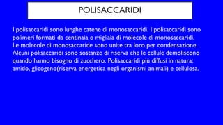 POLISACCARIDI
I polisaccaridi sono lunghe catene di monosaccaridi. I polisaccaridi sono
polimeri formati da centinaia o migliaia di molecole di monosaccaridi.
Le molecole di monosaccaride sono unite tra loro per condensazione.
Alcuni polisaccaridi sono sostanze di riserva che le cellule demoliscono
quando hanno bisogno di zucchero. Polisaccaridi più diffusi in natura:
amido, glicogeno(riserva energetica negli organismi animali) e cellulosa.
 