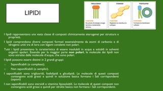 LIPIDI
I lipidi rappresentano una vasta classe di composti chimicamente eterogenei per struttura e
proprietà.
I lipidi comprendono diversi composti formati essenzialmente da atomi di carbonio e di
idrogeno uniti tra di loro con legami covalenti non polari.
Tutti i lipidi presentano la caratteristica di essere insolubili in acqua e solubili in solventi
organici apolari. Essendo per la maggior parte non polari, le molecole dei lipidi non
sono attratte dalle molecole d’acqua, che sono polari.
I lipidi possono essere distinti in 2 grandi gruppi:
1) Saponificabili (o complessi);
2) Non saponificabili (o semplici).
I saponificabili sono trigliceridi, fosfolipidi e glicolipidi. Le molecole di questi composti
contengono acidi grassi e quindi in soluzione basica formano i Sali corrispondenti
(saponi)
I non saponificabili sono steroidi e vitamine liposolubili. Le molecole di questi composti non
contengono acidi grassi e quindi per idrolisi basica non formano i Sali corrispondenti.
 