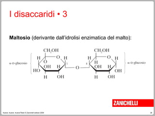 26
Autore, Autore, AutoreTitolo © Zanichelli editore 2009
I disaccaridi • 3
Maltosio (derivante dall’idrolisi enzimatica del malto):
 