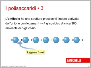 31
Autore, Autore, AutoreTitolo © Zanichelli editore 2009
L’amilosio ha una struttura pressoché lineare derivata
dall’unione con legame 1 → 4 glicosidico di circa 300
molecole di α-glucosio.
I polisaccaridi • 3
Legame 1→4
 