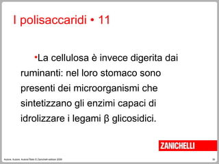 39
Autore, Autore, AutoreTitolo © Zanichelli editore 2009
I polisaccaridi • 11
•La cellulosa è invece digerita dai
ruminanti: nel loro stomaco sono
presenti dei microorganismi che
sintetizzano gli enzimi capaci di
idrolizzare i legami β glicosidici.
 