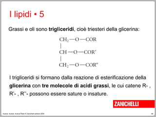 48
Autore, Autore, AutoreTitolo © Zanichelli editore 2009
I lipidi • 5
Grassi e oli sono trigliceridi, cioè triesteri della glicerina:
I trigliceridi si formano dalla reazione di esterificazione della
glicerina con tre molecole di acidi grassi, le cui catene R- ,
R’- , R’’- possono essere sature o insature.
 