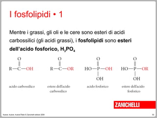 53
Autore, Autore, AutoreTitolo © Zanichelli editore 2009
I fosfolipidi • 1
Mentre i grassi, gli oli e le cere sono esteri di acidi
carbossilici (gli acidi grassi), i fosfolipidi sono esteri
dell’acido fosforico, H3PO4
 