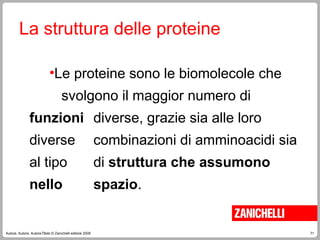 71
Autore, Autore, AutoreTitolo © Zanichelli editore 2009
La struttura delle proteine
•Le proteine sono le biomolecole che
svolgono il maggior numero di
funzioni diverse, grazie sia alle loro
diverse combinazioni di amminoacidi sia
al tipo di struttura che assumono
nello spazio.
 