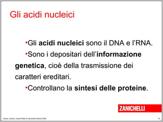 73
Autore, Autore, AutoreTitolo © Zanichelli editore 2009
Gli acidi nucleici
•Gli acidi nucleici sono il DNA e l’RNA.
•Sono i depositari dell’informazione
genetica, cioè della trasmissione dei
caratteri ereditari.
•Controllano la sintesi delle proteine.
 