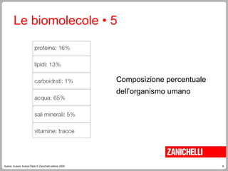 8
Autore, Autore, AutoreTitolo © Zanichelli editore 2009
Composizione percentuale
dell’organismo umano
Le biomolecole • 5
 