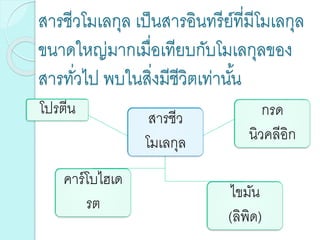 สารชีวโมเลกุล เป็นสารอินทรีย์ที่มีโมเลกุล
ขนาดใหญ่มากเมื่อเทียบกับโมเลกุลของ
สารทั่วไป พบในสิ่งมีชีวิตเท่านั้น
สารชีว
โมเลกุล
โปรตีน
คาร์โบไฮเด
รต
ไขมัน
(ลิพิด)
กรด
นิวคลีอิก
 