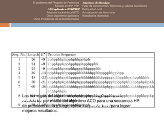 El problema del Plegado de Proteínas
Modelo 2D HP PFP
ACOaplicado a2DHPPFP
Mejoras sucesivas al ACO
Otros algoritmos aplicados
Otros Problemas de la Bioinformática
Algoritmo deHormigas
Fase de construcción, feromona y valores heurísticos
Búsqueda Local
Actualización de feromona
Resultados obtenidos
Las hormigas del algoritmo construyen co nfo rm acio ne s
candidatas por medio del algoritmo ACO para una secuencia HP
de proteínas dada y luego aplica búsq ue da lo calpara lograr
mejores resultados.
 