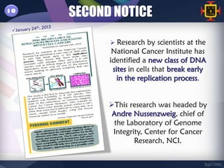 10
     SECOND NOTICE

            Research by scientists at the
            National Cancer Institute has
           identified a new class of DNA
            sites in cells that break early
              in the replication process.


           This research was headed by
           Andre Nussenzweig, chief of
            the Laboratory of Genome
            Integrity, Center for Cancer
                   Research, NCI.
 