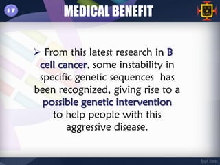 17
           MEDICAL BENEFIT

      From this latest research in B
      cell cancer, some instability in
      specific genetic sequences has
     been recognized, giving rise to a
       possible genetic intervention
         to help people with this
             aggressive disease.
 