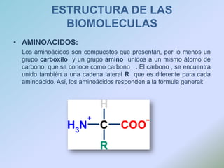 ESTRUCTURA DE LAS BIOMOLECULASAMINOACIDOS:     Los aminoácidos son compuestos que presentan, por lo menos un grupo carboxilo  y un grupo amino  unidos a un mismo átomo de carbono, que se conoce como carbono   . El carbono , se encuentra unido también a una cadena lateral R  que es diferente para cada aminoácido. Así, los aminoácidos responden a la fórmula general: 