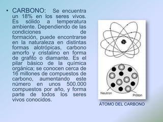 CARBONO:  Se encuentra un 18% en los seres vivos. Es sólido a temperatura ambiente. Dependiendo de las condiciones de formación, puede encontrarse en la naturaleza en distintas formas alotrópicas, carbono amorfo y cristalino en forma de grafito o diamante. Es el pilar básico de la química orgánica; se conocen cerca de 16 millones de compuestos de carbono, aumentando este número en unos 500.000 compuestos por año, y forma parte de todos los seres vivos conocidos. ÁTOMO DEL CARBONO