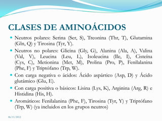 CLASES DE AMINOÁCIDOS
  Neutros polares: Serina (Ser, S), Treonina (Thr, T), Glutamina
     (Gln, Q) y Tirosina (Tyr, Y).
    Neutros no polares: Glicina (Gly, G), Alanina (Ala, A), Valina
     (Val, V), Leucina (Leu, L), Isoleucina (Ile, I), Cisteína
     (Cys, C), Metionina (Met, M), Prolina (Pro, P), Fenilalanina
     (Phe, F) y Triptófano (Trp, W).
    Con carga negativa o ácidos: Ácido aspártico (Asp, D) y Ácido
     glutámico (Glu, E).
    Con carga positiva o básicos: Lisina (Lys, K), Arginina (Arg, R) e
     Histidina (His, H).
    Aromáticos: Fenilalanina (Phe, F), Tirosina (Tyr, Y) y Triptófano
     (Trp, W) (ya incluidos en los grupos neutros)
06/11/2012
 