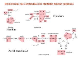 Biomoléculas são constituídas por múltiplas funções orgânicas



                                           Epinefrina




 Histidina




   Acetil-coenzima A
 