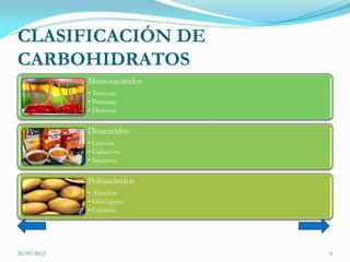 CLASIFICACIÓN DE
CARBOHIDRATOS
             Monosacáridos
             • Tetrosas
             • Pentosas
             • Hexosas

             Disacáridos
             • Lactosa
             • Galactosa
             • Sacarosa

             Polisacáridos
             • Almidón
             • Glucógeno
             • Celulosa




26/09/2012                   6
 