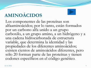 AMINOÁCIDOS
 Los componentes de las proteínas son
 alfaaminoácidos; por lo tanto, están formados
 por un carbono alfa unido a un grupo
 carboxilo, a un grupo amino, a un hidrógeno y a
 una cadena hidrocarbonada de estructura
 variable, que determina la identidad y las
 propiedades de los diferentes aminoácidos;
 existen cientos de aminoácidos diferentes, pero
 sólo 20 forman parte de las proteínas y tienen
 codones específicos en el código genético.
21/11/2012                                         9
 