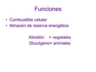 Funciones <ul><li>Combustible celular </li></ul><ul><li>Almacén de reserva energética </li></ul><ul><li>Almidón  = vegetal...
