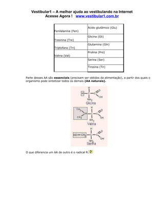 Vestibular1 – A melhor ajuda ao vestibulando na Internet
           Acesse Agora ! www.vestibular1.com.br


                                             Ácido glutâmico (Glu)
                    Fenilalanina (Fen)

                                             Glicina (Gli)
                    Treonina (Tre)
                                             Glutamina (Gln)
                    Triptofano (Tri)
                                             Prolina (Pro)
                    Valina (Val)
                                             Serina (Ser)

                                             Tirosina (Tir)



Parte desses AA são essenciais (precisam ser obtidos da alimentação), a partir dos quais o
organismo pode sintetizar todos os demais (AA naturais).




O que diferencia um AA de outro é o radical R.
 