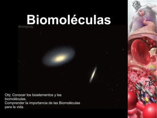Biomoléculas
Obj: Conocer los bioelementos y las
biomoléculas.
Comprender la importancia de las Biomoléculas
para la vida.
 