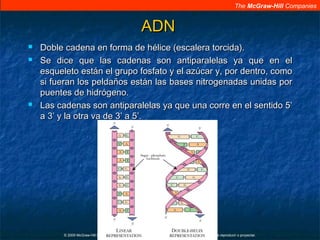 The McGraw-Hill Companies
© 2009 McGraw-Hill Interamericana Editores. Se requieren permisos de parte de los editores para reproducir o proyectar.
ADNADN
 Doble cadena en forma de hélice (escalera torcida).Doble cadena en forma de hélice (escalera torcida).
 Se dice que las cadenas son antiparalelas ya que en elSe dice que las cadenas son antiparalelas ya que en el
esqueleto están el grupo fosfato y el azúcar y, por dentro, comoesqueleto están el grupo fosfato y el azúcar y, por dentro, como
si fueran los peldaños están las bases nitrogenadas unidas porsi fueran los peldaños están las bases nitrogenadas unidas por
puentes de hidrógeno.puentes de hidrógeno.
 Las cadenas son antiparalelas ya que una corre en el sentido 5’Las cadenas son antiparalelas ya que una corre en el sentido 5’
a 3’ y la otra va de 3’ a 5’.a 3’ y la otra va de 3’ a 5’.
 