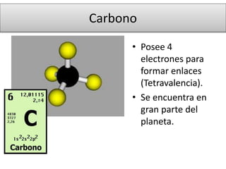 Carbono
• Posee 4
electrones para
formar enlaces
(Tetravalencia).
• Se encuentra en
gran parte del
planeta.
 
