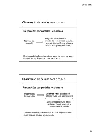 20-09-2016
33
Observação de células com o m.o.c.
Preparações temporárias - coloração
Mergulhar a célula numa
substância denominada corante,
capaz de tingir diferencialmente
uma ou mais partes celulares.
Técnicas de
coloração
No microscópio eletrónico não se usam corantes porque a
imagem obtida é sempre a preto e branco.
Observação de células com o m.o.c.
Preparações temporárias - coloração
Corantes vitaisCorantes vitais (usados em
células vivas sem as matarem)
Preparações
temporárias
Concentrações muito baixas
(0,01%) a fim de diminuir a
toxicidade nas células
O mesmo corante pode ser vital ou não, dependendo da
concentração em que se encontra.
 