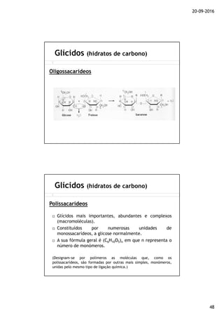 20-09-2016
48
Glícidos (hidratos de carbono)
Oligossacarídeos
Glícidos mais importantes, abundantes e complexos
(macromoléculas).
Constituídos por numerosas unidades de
monossacarídeos, a glicose normalmente.
A sua fórmula geral é (C6H10O5)n em que n representa o
número de monómeros.
(Designam-se por polímeros as moléculas que, como os
polissacarídeos, são formadas por outras mais simples, monómeros,
unidas pelo mesmo tipo de ligação química.)
Glícidos (hidratos de carbono)
Polissacarídeos
 