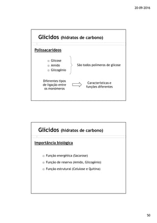 20-09-2016
50
Glicose
Amido
Glicogénio
Glícidos (hidratos de carbono)
Polissacarídeos
Diferentes tipos
de ligação entre
os monómeros
São todos polímeros de glicose
Características e
funções diferentes
Função energética (Sacarose)
Função de reserva (Amido, Glicogénio)
Função estrutural (Celulose e Quitina)
Glícidos (hidratos de carbono)
Importância biológica
 