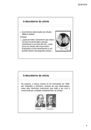 20-09-2016
6
As primeiras observações de células
(Robert Hooke)
Citação:
«… pude perceber claramente que toda a
cortiça era perfurada e porosa,
semelhante a um favo de mel… esses
poros ou células não eram muito
profundos e eram semelhantes a um
grande número de pequenas caixas…»
A descoberta da célula
No entanto, a teoria celular só foi formulada em 1839,
por Schleiden e Schwann. Através de suas observações,
esses dois cientistas concluíram que todo o ser vivo é
constituído por unidades fundamentais: as células.
A descoberta da célula
 