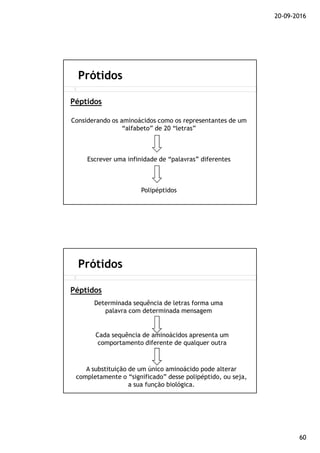 20-09-2016
60
Prótidos
Péptidos
Considerando os aminoácidos como os representantes de um
“alfabeto” de 20 “letras”
Escrever uma infinidade de “palavras” diferentes
Polipéptidos
Prótidos
Péptidos
Determinada sequência de letras forma uma
palavra com determinada mensagem
Cada sequência de aminoácidos apresenta um
comportamento diferente de qualquer outra
A substituição de um único aminoácido pode alterar
completamente o “significado” desse polipéptido, ou seja,
a sua função biológica.
 