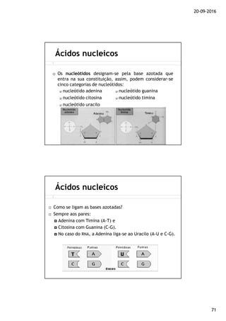 20-09-2016
71
Ácidos nucleicos
Os nucleótidos designam-se pela base azotada que
entra na sua constituição, assim, podem considerar-se
cinco categorias de nucleótidos:
nucleótido adenina nucleótido guanina
nucleótido citosina nucleótido timina
nucleótido uracilo
Ácidos nucleicos
Como se ligam as bases azotadas?
Sempre aos pares:
Adenina com Timina (A-T) e
Citosina com Guanina (C-G).
No caso do RNA, a Adenina liga-se ao Uracilo (A-U e C-G).
 
