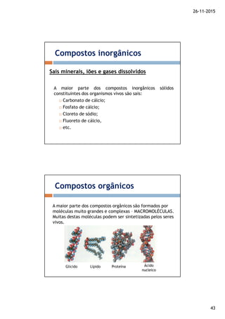 26-11-2015
43
A maior parte dos compostos inorgânicos sólidos
constituintes dos organismos vivos são sais:
Carbonato de cálcio;
Fosfato de cálcio;
Cloreto de sódio;
Fluoreto de cálcio,
etc.
Compostos inorgânicos
Sais minerais, iões e gases dissolvidos
A maior parte dos compostos orgânicos são formados por
moléculas muito grandes e complexas – MACROMOLÉCULAS.
Muitas destas moléculas podem ser sintetizadas pelos seres
vivos.
Compostos orgânicos
Glícido Lípido Proteína Ácido
nucleico
 