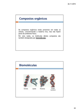 26-11-2015
44
Os compostos orgânicos estão presentes em todas as
células, caracterizando a matéria viva, mas não fazem
parte do ambiente físico.
Por esta razão, as moléculas destes compostos são
também designados por biomoléculasbiomoléculas.
Compostos orgânicos
Biomoléculas
Glícido Lípido Proteína Ácido
nucleico
 