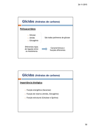 26-11-2015
50
Glicose
Amido
Glicogénio
Glícidos (hidratos de carbono)
Polissacarídeos
Diferentes tipos
de ligação entre
os monómeros
São todos polímeros de glicose
Características e
funções diferentes
Função energética (Sacarose)
Função de reserva (Amido, Glicogénio)
Função estrutural (Celulose e Quitina)
Glícidos (hidratos de carbono)
Importância biológica
 