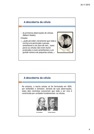 26-11-2015
6
As primeiras observações de células
(Robert Hooke)
Citação:
«… pude perceber claramente que toda a
cortiça era perfurada e porosa,
semelhante a um favo de mel… esses
poros ou células não eram muito
profundos e eram semelhantes a um
grande número de pequenas caixas…»
A descoberta da célula
No entanto, a teoria celular só foi formulada em 1839,
por Schleiden e Schwann. Através de suas observações,
esses dois cientistas concluíram que todo o ser vivo é
constituído por unidades fundamentais: as células.
A descoberta da célula
 