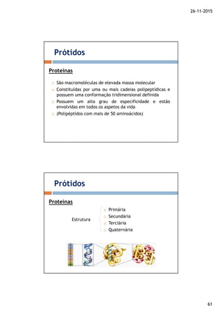 26-11-2015
61
São macromoléculas de elevada massa molecular
Constituídas por uma ou mais cadeias polipeptídicas e
possuem uma conformação tridimensional definida
Possuem um alto grau de especificidade e estão
envolvidas em todos os aspetos da vida
(Polipéptidos com mais de 50 aminoácidos)
Prótidos
Proteínas
Prótidos
Proteínas
Primária
Secundária
Terciária
Quaternária
Estrutura
 