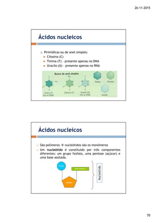 26-11-2015
70
Pirimídicas ou de anel simples:
Citosina (C)
Timina (T) – presente apenas no DNA
Uracilo (U) – presente apenas no RNA
Ácidos nucleicos
São polímeros nucleótidos são os monómeros
Um nucleótido é constituído por três componentes
diferentes: um grupo fosfato, uma pentose (açúcar) e
uma base azotada.
Ácidos nucleicos
 