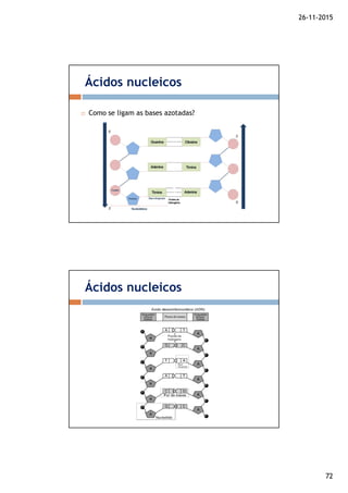 26-11-2015
72
Ácidos nucleicos
Como se ligam as bases azotadas?
Ácidos nucleicos
 