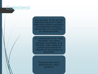 Colesterol
Hay dos tipos: el HDL de alta
densidad que es el “bueno”,
tiene más proteína que lípido,
es transportado al hígado,
donde sale a la circulación y
se metaboliza (bilis).
El colesterol LDL es de “baja
densidad” con menos
proteína y más lípido, es el
llamado “malo”; éste es el
que en la circulación se
deposita en las paredes de
las arterias.
Puede provenir de la
alimentación o de la
genética.
 