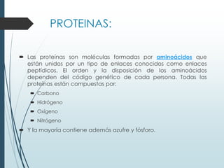 PROTEINAS:
 Las proteínas son moléculas formadas por aminoácidos que
están unidos por un tipo de enlaces conocidos como enlaces
peptídicos. El orden y la disposición de los aminoácidos
dependen del código genético de cada persona. Todas las
proteínas están compuestas por:
 Carbono
 Hidrógeno
 Oxígeno
 Nitrógeno
 Y la mayoría contiene además azufre y fósforo.
 