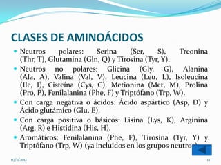 CLASES DE AMINOÁCIDOS
  Neutros        polares:    Serina      (Ser,    S),   Treonina
     (Thr, T), Glutamina (Gln, Q) y Tirosina (Tyr, Y).
    Neutros no polares: Glicina (Gly, G), Alanina
     (Ala, A), Valina (Val, V), Leucina (Leu, L), Isoleucina
     (Ile, I), Cisteína (Cys, C), Metionina (Met, M), Prolina
     (Pro, P), Fenilalanina (Phe, F) y Triptófano (Trp, W).
    Con carga negativa o ácidos: Ácido aspártico (Asp, D) y
     Ácido glutámico (Glu, E).
    Con carga positiva o básicos: Lisina (Lys, K), Arginina
     (Arg, R) e Histidina (His, H).
    Aromáticos: Fenilalanina (Phe, F), Tirosina (Tyr, Y) y
     Triptófano (Trp, W) (ya incluidos en los grupos neutros)
07/11/2012                                                      12
 