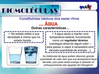 BIOMOLÉCULAS

                   Outras características…
   No estado sólido a sua         A água ajuda a manter uma
 densidade é menor que no       temperatura estável, funcionando
      estado líquido…              como um regulador térmico
                                (consegue absorver algum calor –
                              para passar a vapor é necessária uma
                                elevada quantidade de energia…).

                           As moléculas de água podem absorver grande
                         quantidade de calor sem que sua temperatura fique
                           elevada, pois parte desta energia é utilizada no
                            enfraquecimento das ligações de hidrogénio!
 