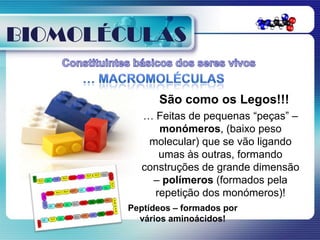 BIOMOLÉCULAS

              São como os Legos!!!
           … Feitas de pequenas “peças” –
              monómeros, (baixo peso
            molecular) que se vão ligando
              umas às outras, formando
           construções de grande dimensão
             – polímeros (formados pela
             repetição dos monómeros)!
        Peptídeos – formados por
          vários aminoácidos!
 