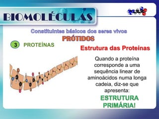 BIOMOLÉCULAS

 3   PROTEÍNAS
                 Estrutura das Proteínas
                     Quando a proteína
                     corresponde a uma
                     sequência linear de
                   aminoácidos numa longa
                      cadeia, diz-se que
                         apresenta:
 